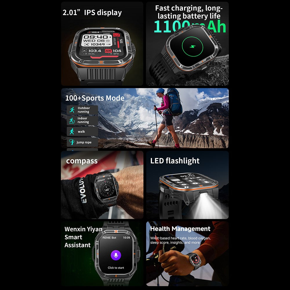 HT38 2.01 Inch IPS Screen Smart Watch for Outdoor Sports IP68 Waterproof Health Monitor Bluetooth-compatible Calling Wristwatch