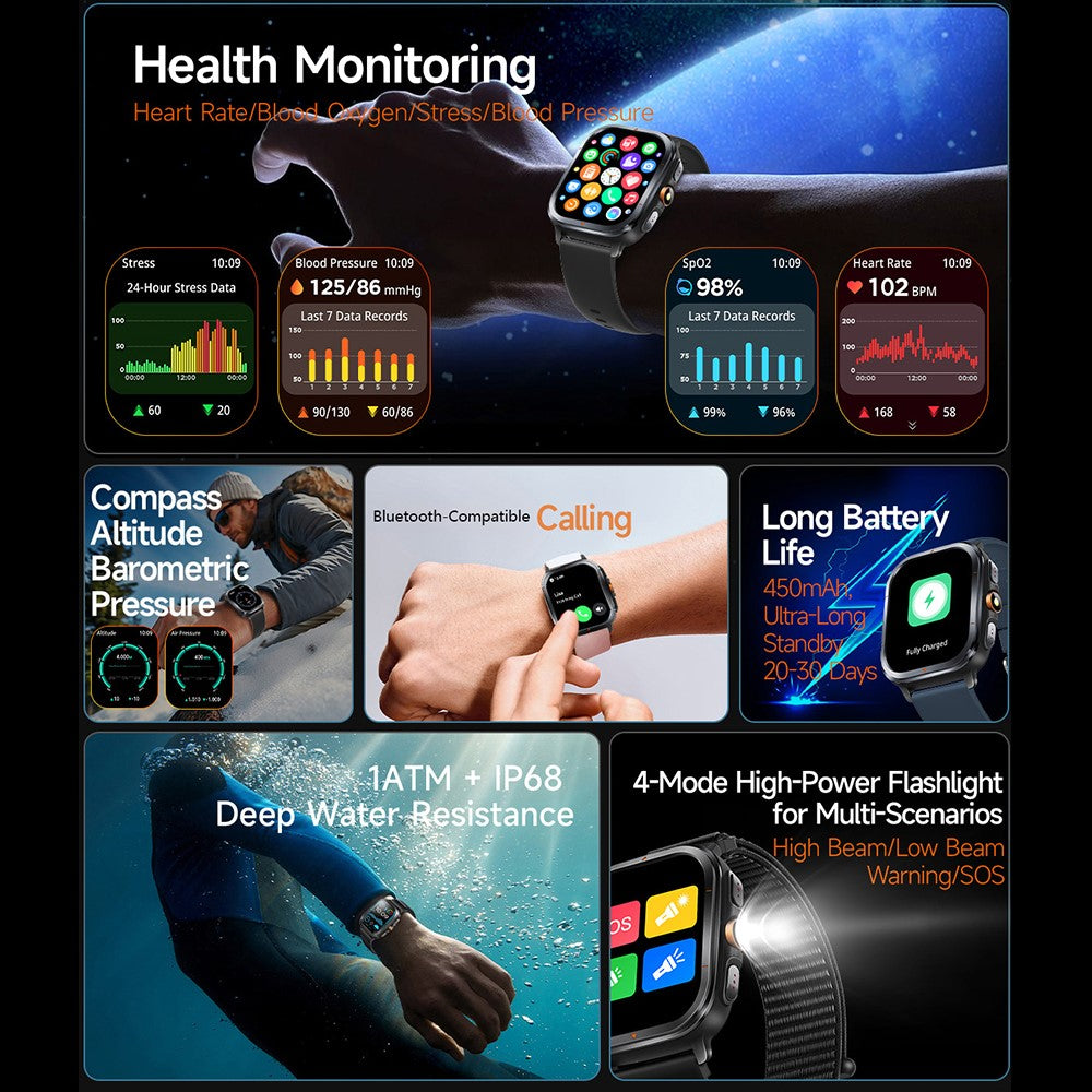 TS500 2.01 Inch IPS Screen Sports  Smartwatch Health Monitor Bluetooth-compatible Calling Wristwatch with Compass Altimeter Barometer