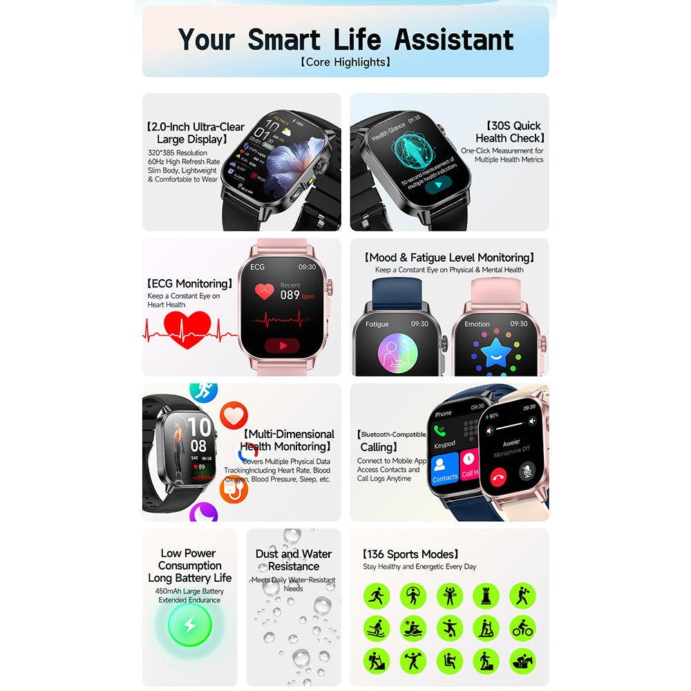ET571 For Outdoor Sports 2.0 Inch Smart Watch ECG Blood Oxygen Monitor Bluetooth-compatible Calling Fitness Tracker