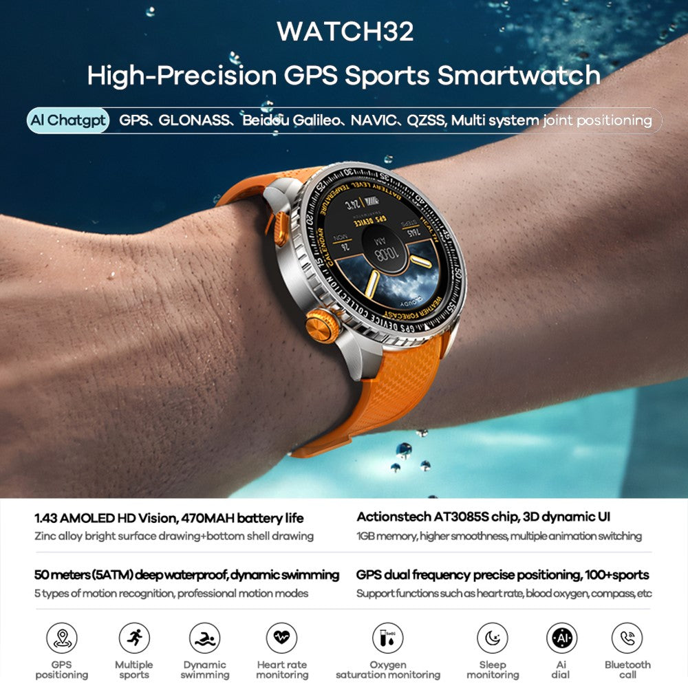 REMAX WATCH32 5ATM Waterproof GPS Smart Watch 100+ Sport Modes 1.43 Inch AMOLED Screen Wristwatch