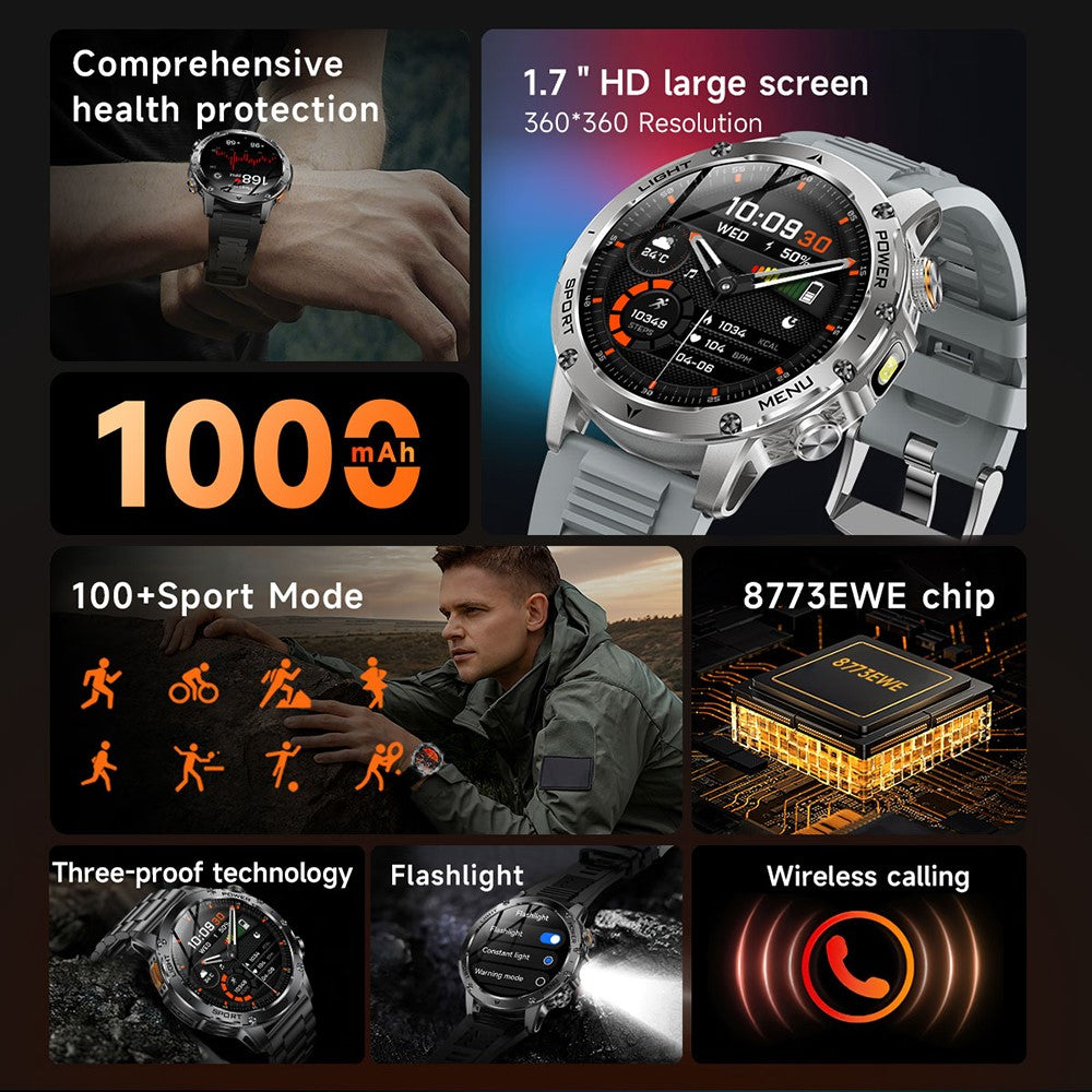AK87 Smart Watch 1.7-inch HD Screen Outdoor Sports Bracelet with BT Calling, Health Monitoring