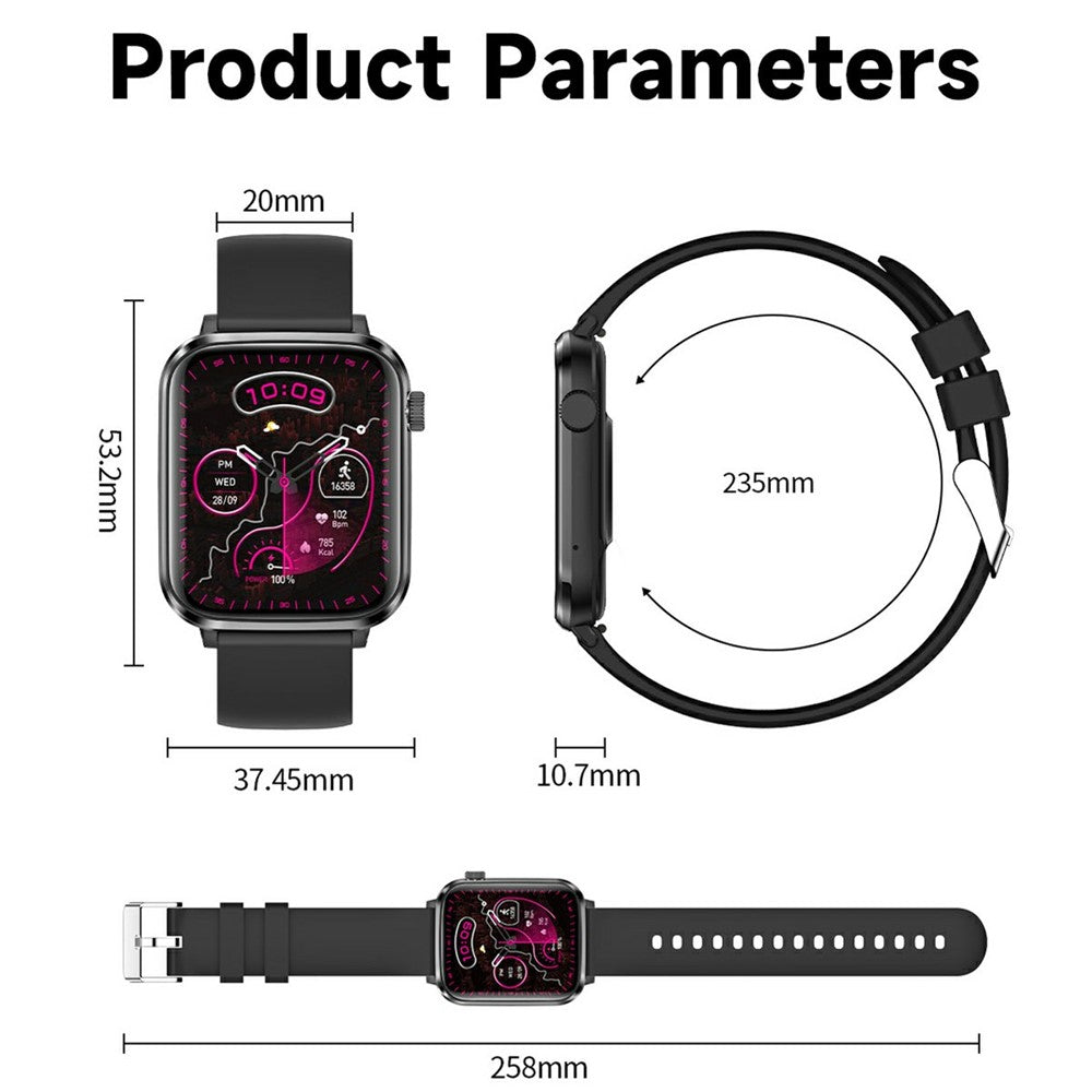 V82 Smart Watch 1.85 Inch AMOLED HD Display Fitness Health Bracelet with BT Calling, Silicone Strap