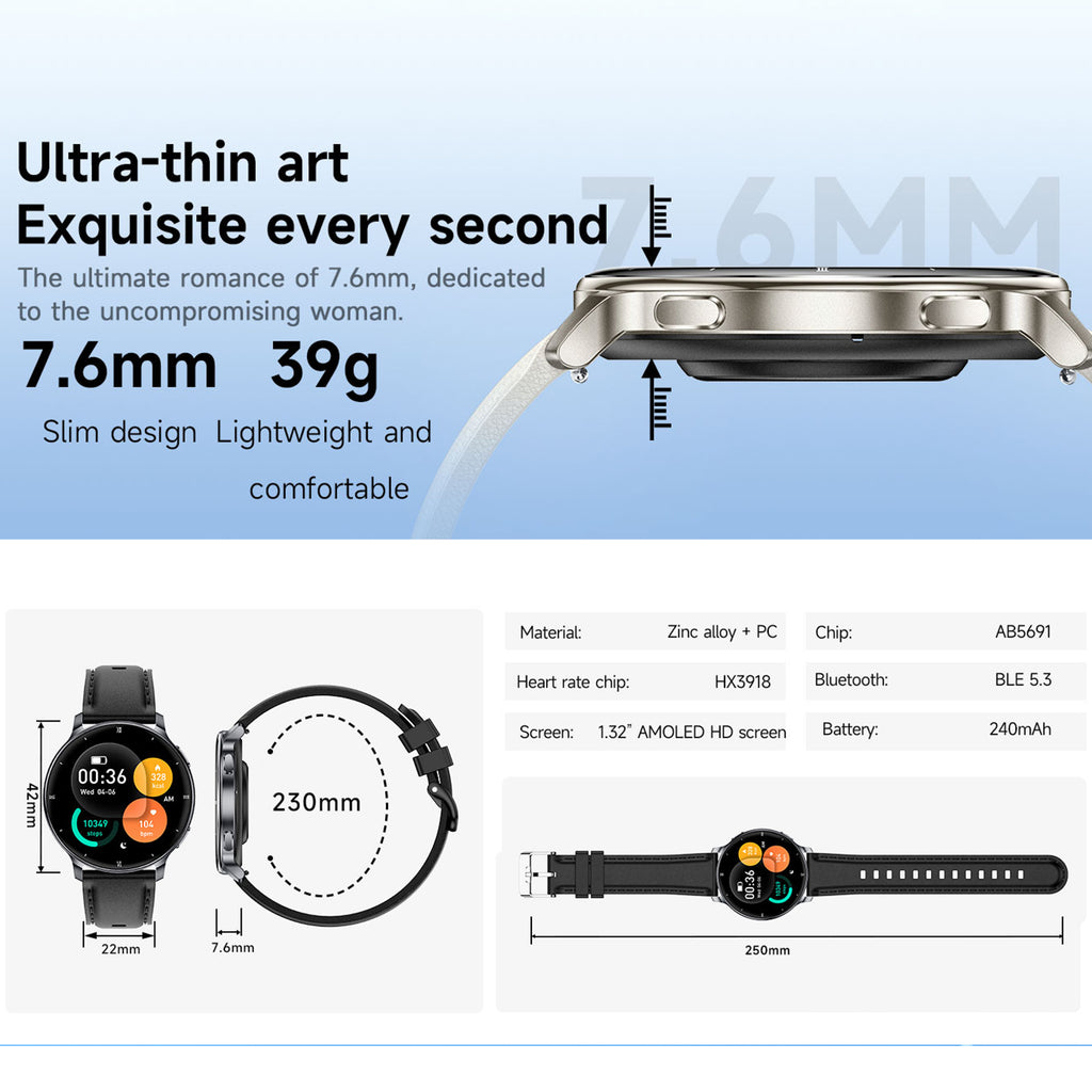 HT39 1.32 inch AMOLED Smart Watch BT Call Electric Band with Heart Rate Blood Pressure Monitoring