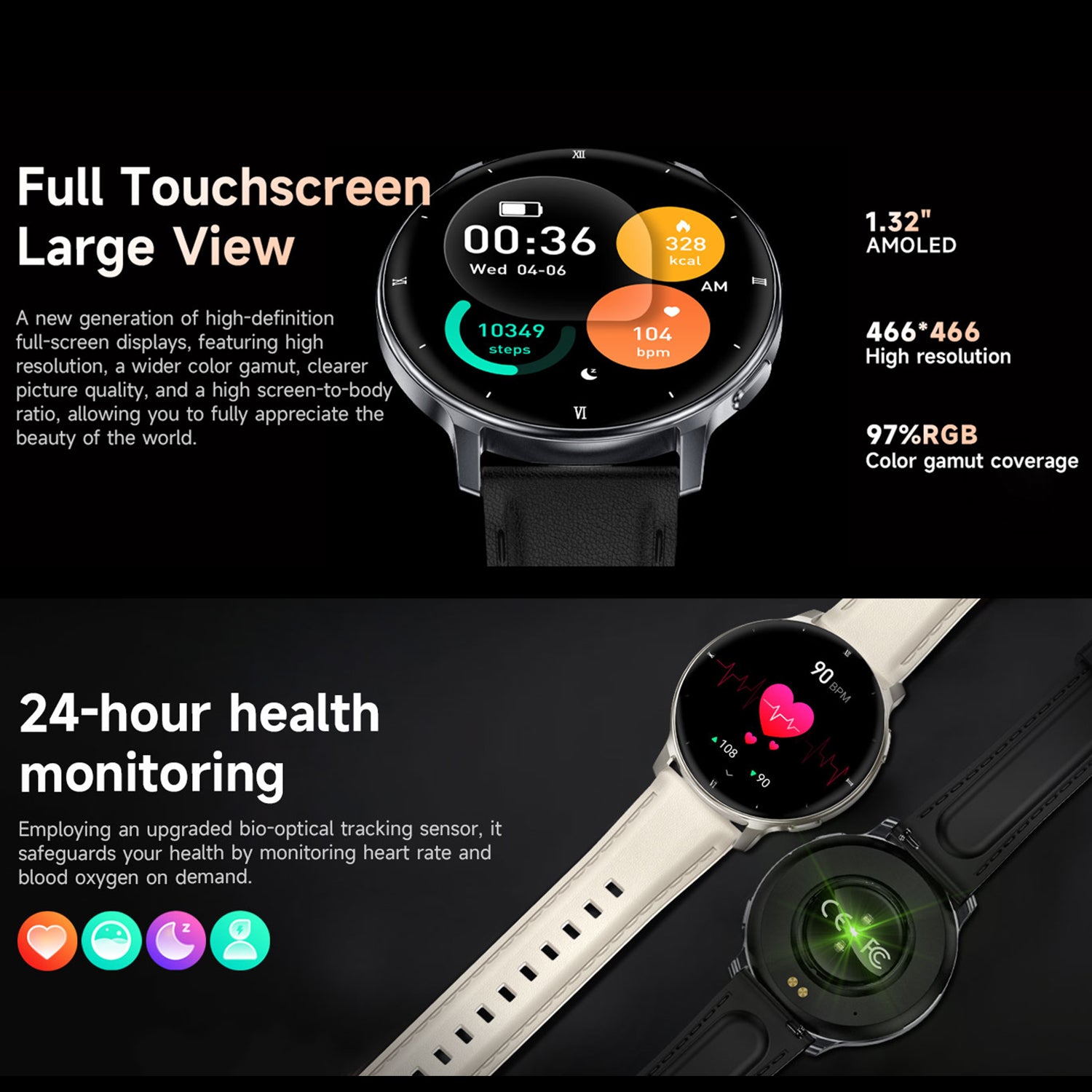 HT39 1.32 inch AMOLED Smart Watch BT Call Electric Band with Heart Rate Blood Pressure Monitoring