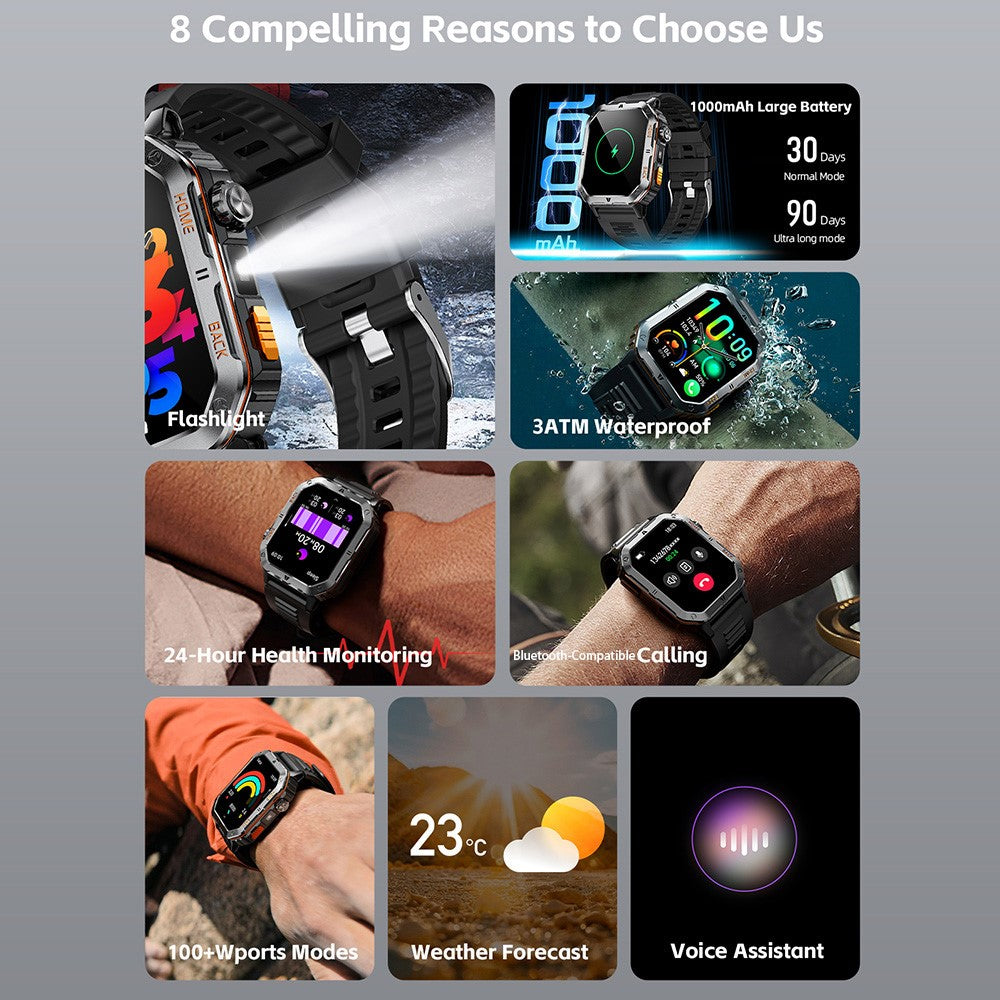 MT62 Outdoor Adventure Smart Watch IP68 Waterproof 2.01 Inch IPS Screen Fitness Tracker Built-in LED Flashlight