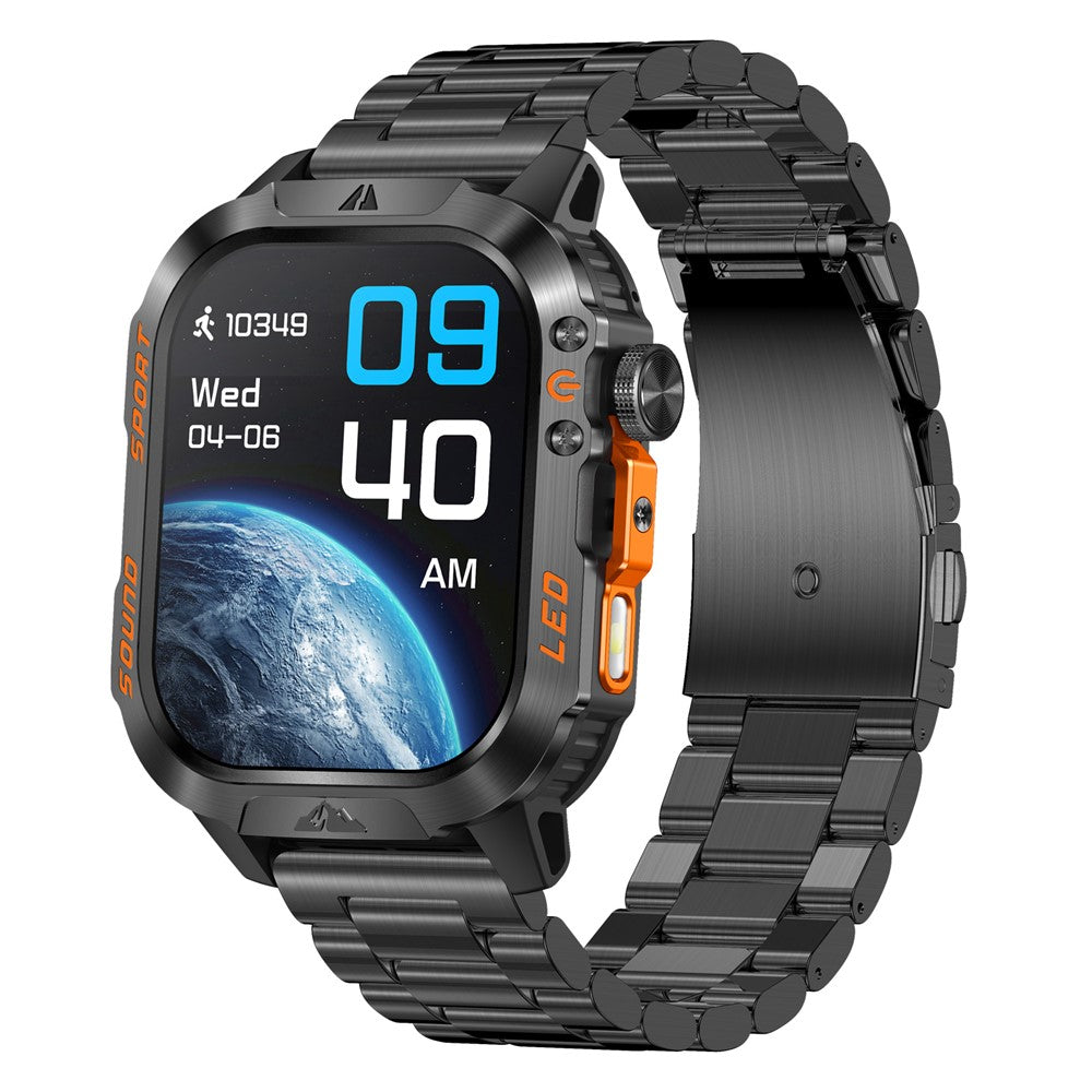 HT46 Outdoor Sports Smart Watch with Steel Band 2.01 Inch IPS 1200mAh Battery IP68 Waterproof LED Flashlight Bluetooth-compatible Calling Health Monitor for Outdoor Adventure