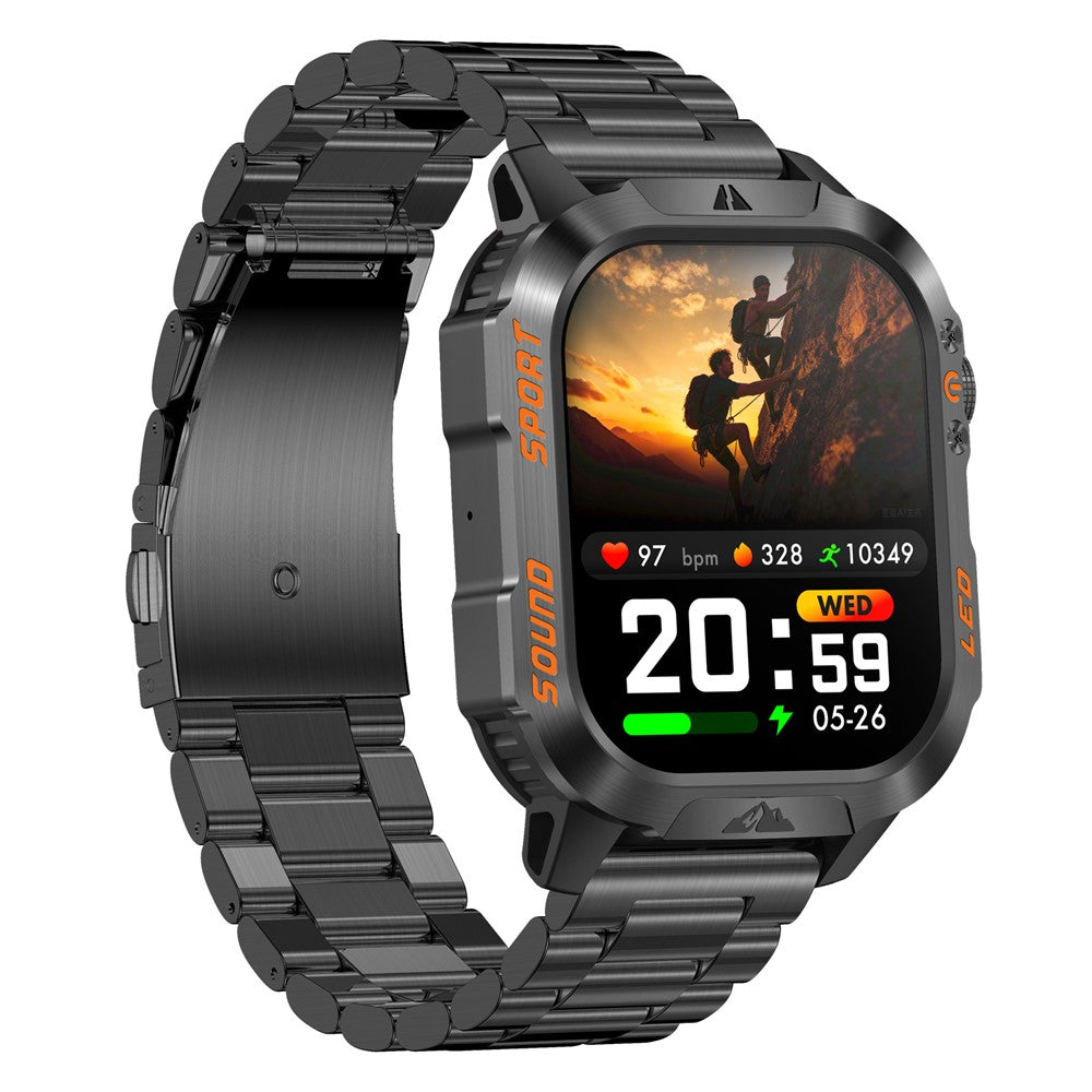 HT46 Outdoor Sports Smart Watch with Steel Band 2.01 Inch IPS 1200mAh Battery IP68 Waterproof LED Flashlight Bluetooth-compatible Calling Health Monitor for Outdoor Adventure