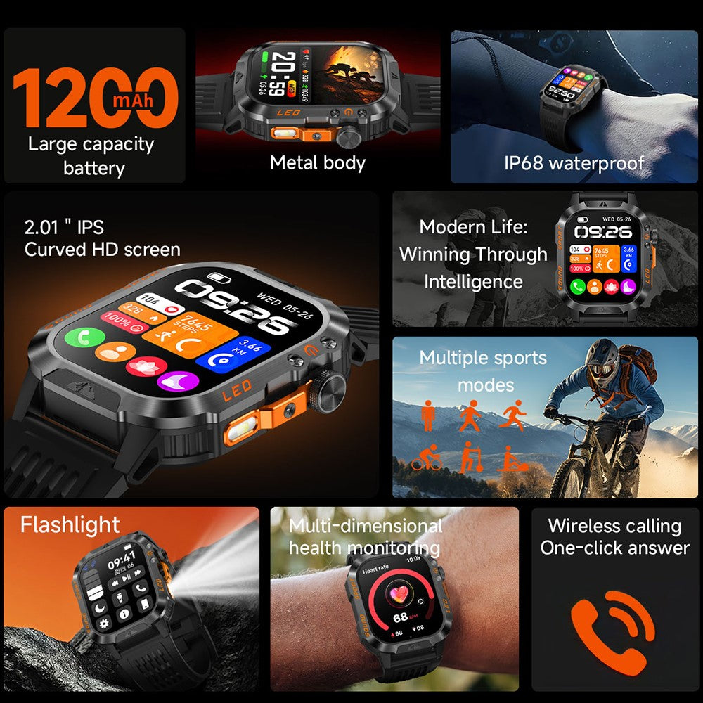 HT46 Outdoor Sports Smart Watch with Steel Band 2.01 Inch IPS 1200mAh Battery IP68 Waterproof LED Flashlight Bluetooth-compatible Calling Health Monitor for Outdoor Adventure