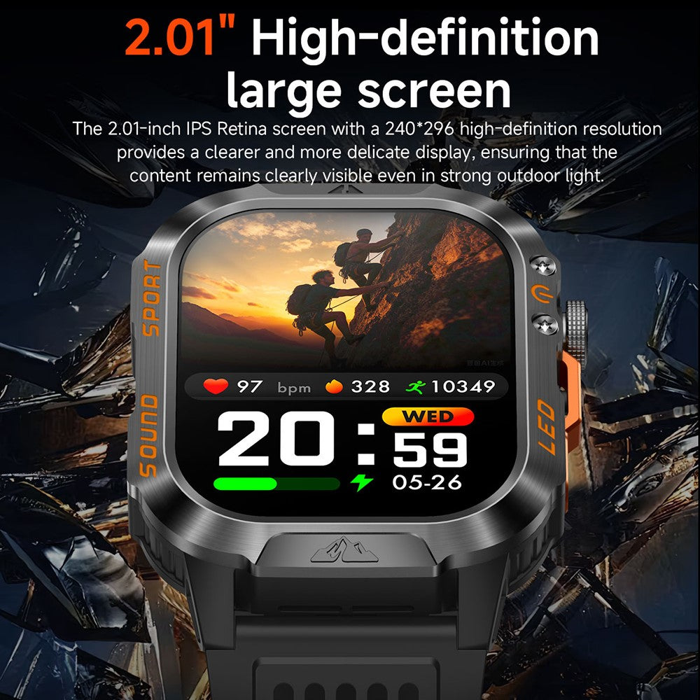 HT46 Outdoor Sports Smart Watch with Steel Band 2.01 Inch IPS 1200mAh Battery IP68 Waterproof LED Flashlight Bluetooth-compatible Calling Health Monitor for Outdoor Adventure