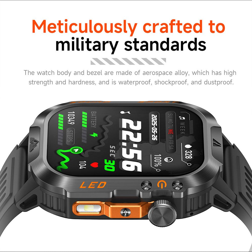 HT46 Outdoor Sports Smart Watch with Steel Band 2.01 Inch IPS 1200mAh Battery IP68 Waterproof LED Flashlight Bluetooth-compatible Calling Health Monitor for Outdoor Adventure