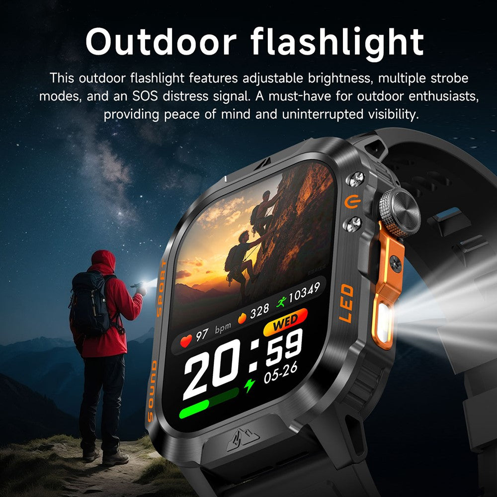 HT46 Outdoor Sports Smart Watch with Steel Band 2.01 Inch IPS 1200mAh Battery IP68 Waterproof LED Flashlight Bluetooth-compatible Calling Health Monitor for Outdoor Adventure