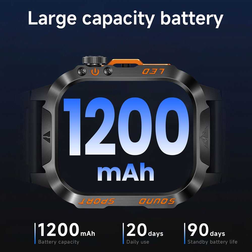 HT46 Outdoor Sports Smart Watch with Steel Band 2.01 Inch IPS 1200mAh Battery IP68 Waterproof LED Flashlight Bluetooth-compatible Calling Health Monitor for Outdoor Adventure