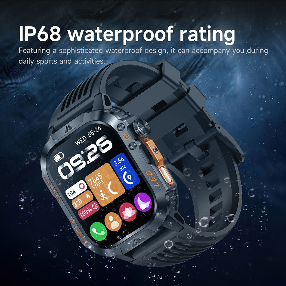 HT46 Outdoor Sports Smart Watch with Steel Band 2.01 Inch IPS 1200mAh Battery IP68 Waterproof LED Flashlight Bluetooth-compatible Calling Health Monitor for Outdoor Adventure