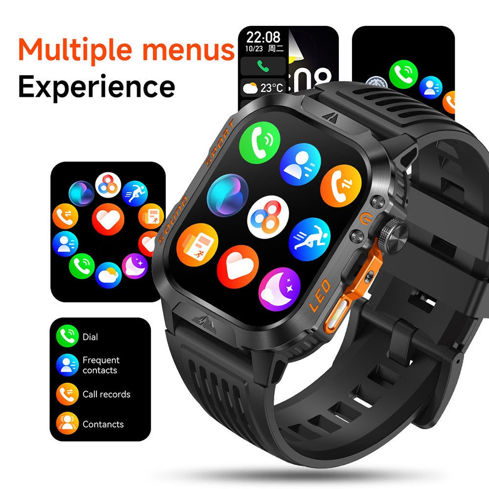 HT46 Outdoor Sports Smart Watch with Steel Band 2.01 Inch IPS 1200mAh Battery IP68 Waterproof LED Flashlight Bluetooth-compatible Calling Health Monitor for Outdoor Adventure