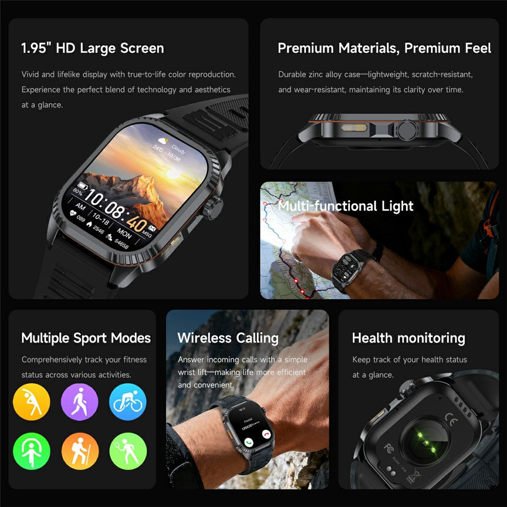 DS8 1.95 Inch IPS Screen Smart Watch LED Flashlight GPS Bluetooth-compatible Calling Health Monitor Fitness Tracker for Outdoor Sports