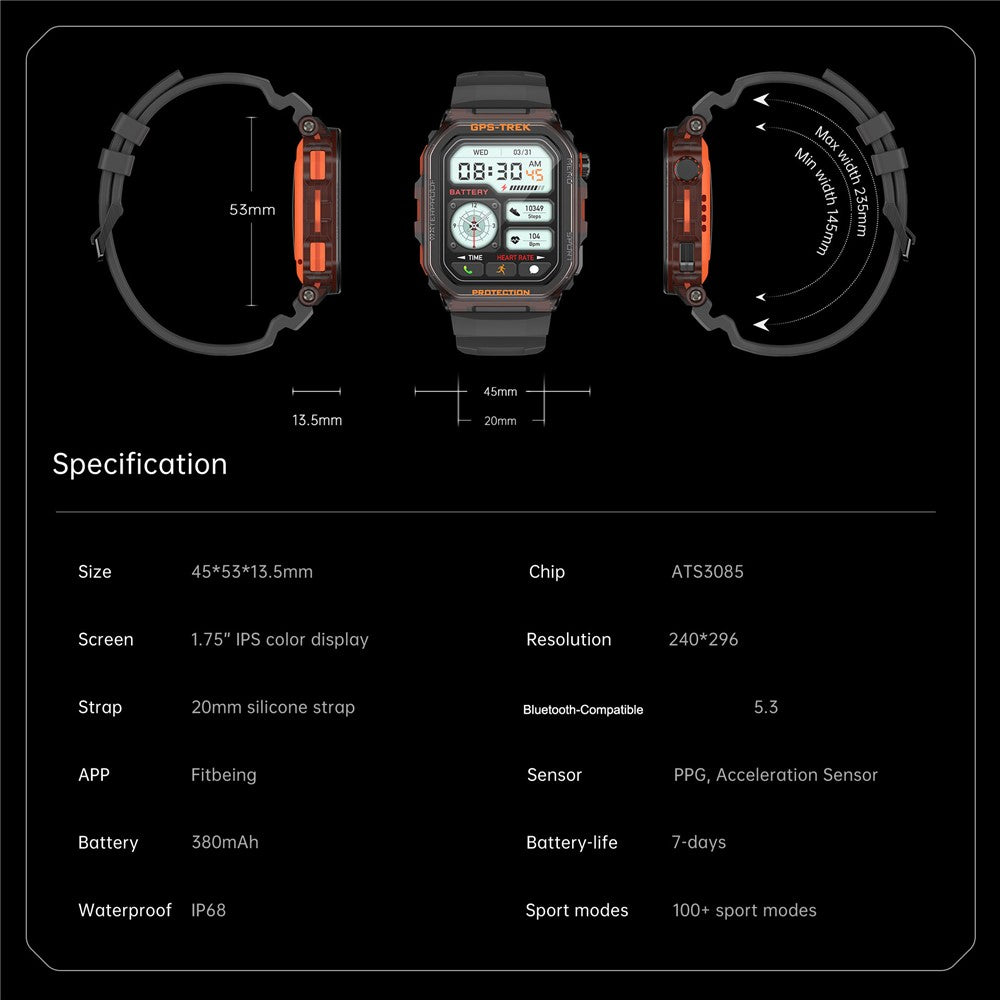 FT61 1.75 inch IPS GPS Smart Watch Bluetooth-compatible Calling Health Monitoring IP68 Waterproof
