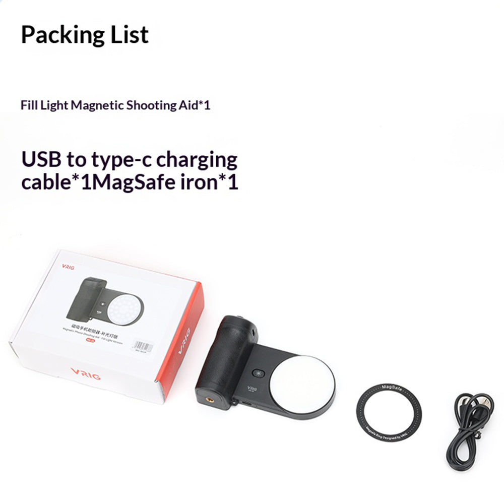 VRIG MG-35 Magnetic Mount Bluetooth-Compatible Shutter Selfie Handle with 3-Level Fill Light for Cellphone