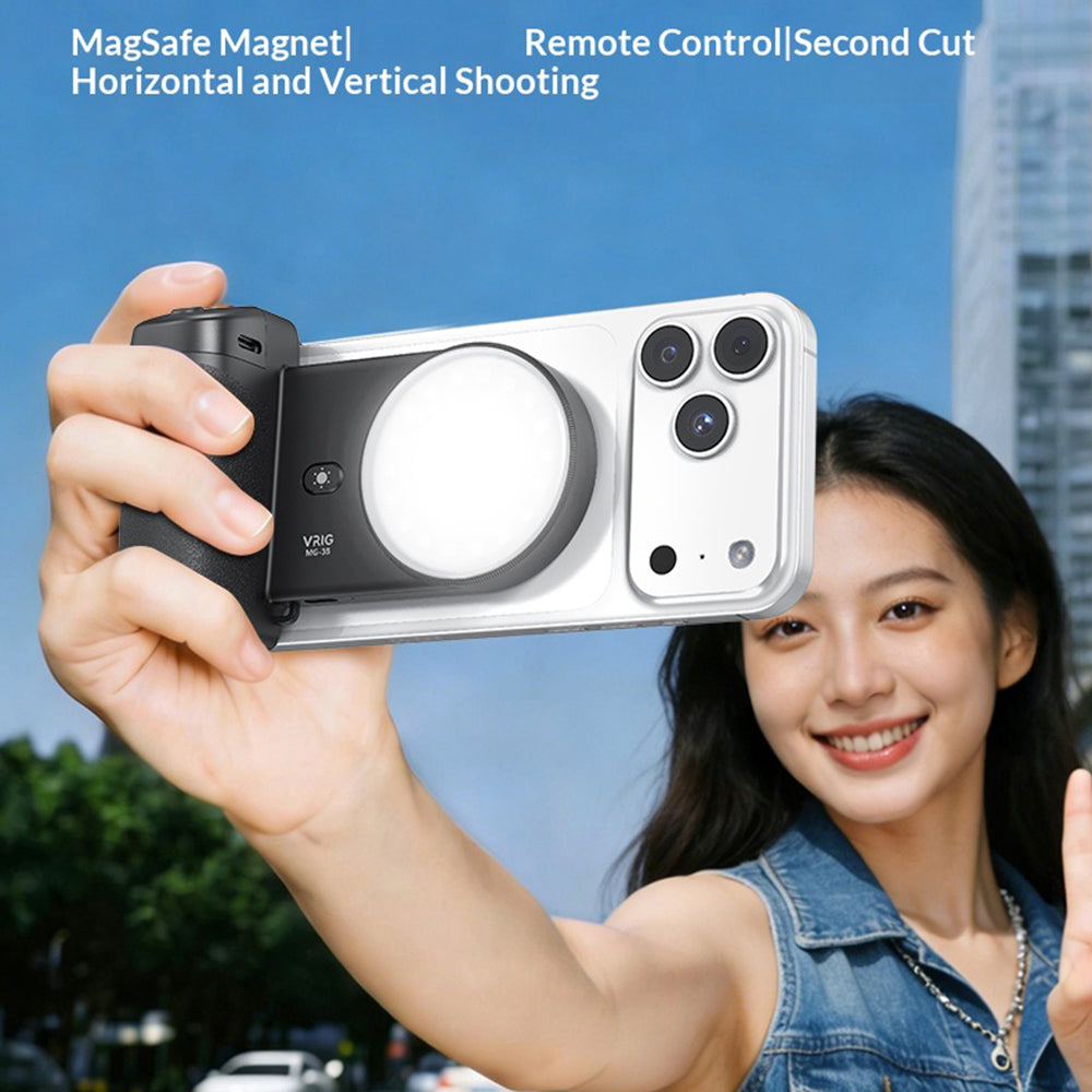 VRIG MG-35 Magnetic Mount Bluetooth-Compatible Shutter Selfie Handle with 3-Level Fill Light for Cellphone
