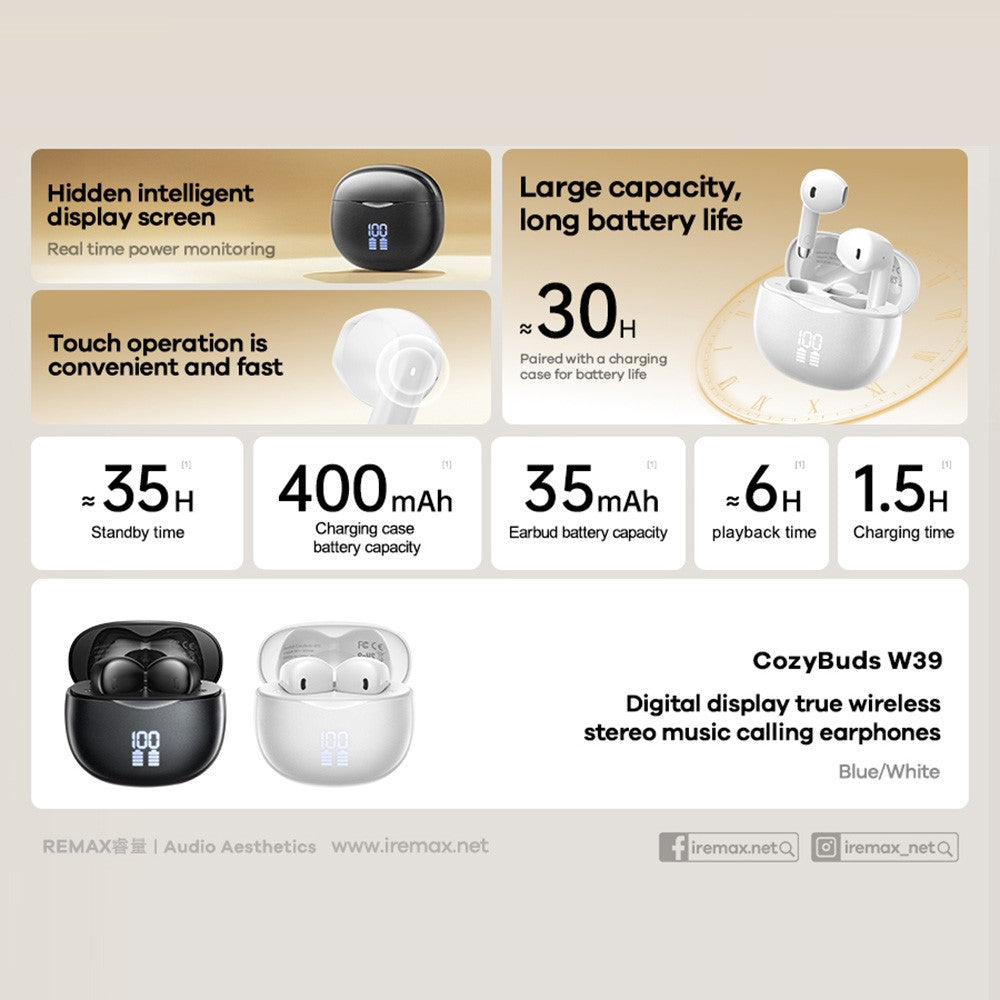 REMAX Cozybuds W39 TWS Earphones Digital Display Wireless Bluetooth-compatible 5.4 Stereo Earbuds with Charging Case