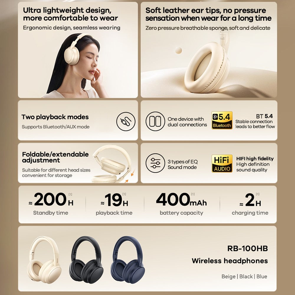REMAX RB-100HB Wireless Headphones Bluetooth-Compatible Over-Ear Foldable Headset