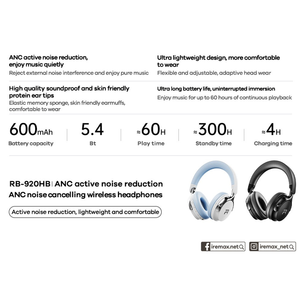 REMAX RB-920HB Wireless Headphones ANC Over-Ear Heatset with High Fidelity Sound For Comfortable Wear
