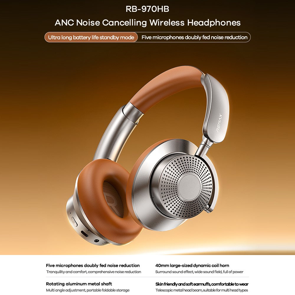REMAX RB-970HB Wireless Over-Ear Headphones ANC Noise Canceling Bluetooth-Compatible Headset with Soft Earpads