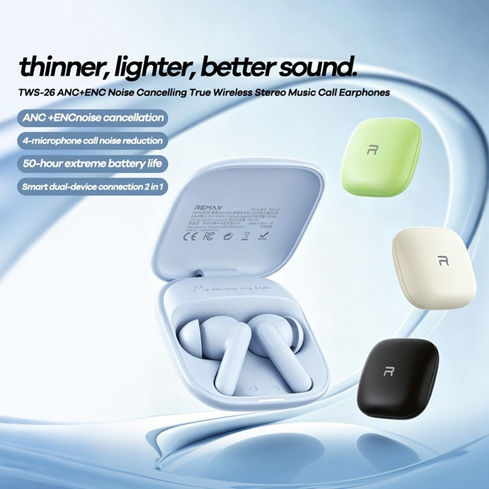 REMAX TWS-26 ANC ENC Noise Cancelling Wireless Earbuds 50H Battery 4-Mic Dual Device Connection Music Call Headset