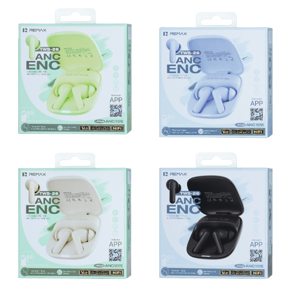 REMAX TWS-26 ANC ENC Noise Cancelling Wireless Earbuds 50H Battery 4-Mic Dual Device Connection Music Call Headset