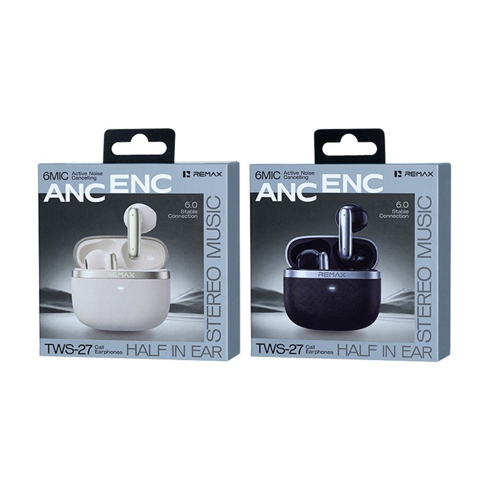 REMAX TWS-27 Semi-In-Ear Wireless Earbuds 6-Mic Hybrid ANC Call Noise Reduction 24H Battery Life Earphones