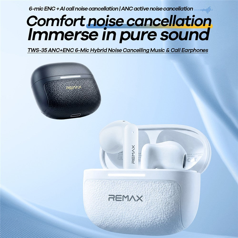 REMAX TWS-35 Bluetooth-compatible Semi-In-Ear Earbuds ANC ENC 6-Mic Hybrid Noise Cancelling Wireless Earphones for Call Music