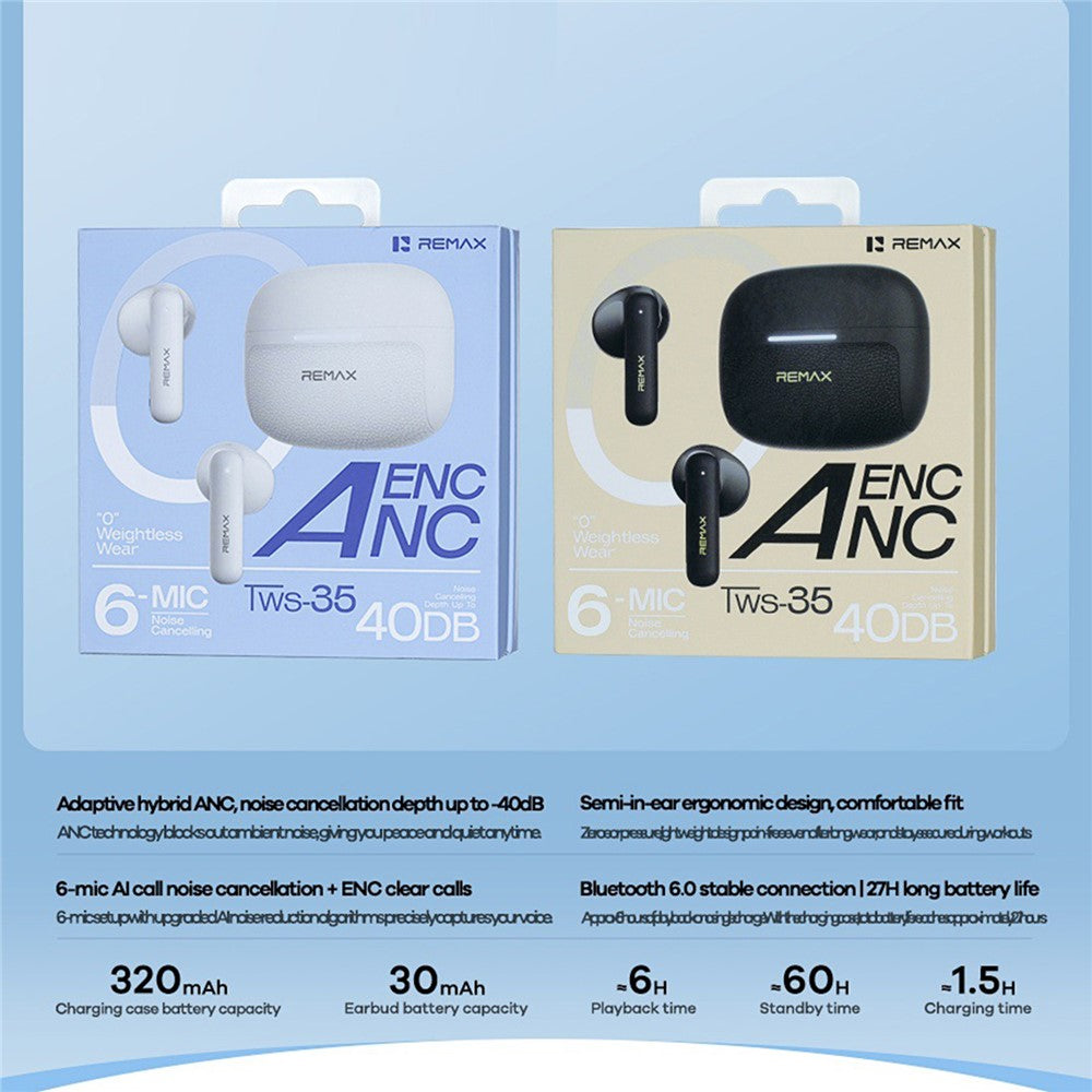 REMAX TWS-35 Bluetooth-compatible Semi-In-Ear Earbuds ANC ENC 6-Mic Hybrid Noise Cancelling Wireless Earphones for Call Music