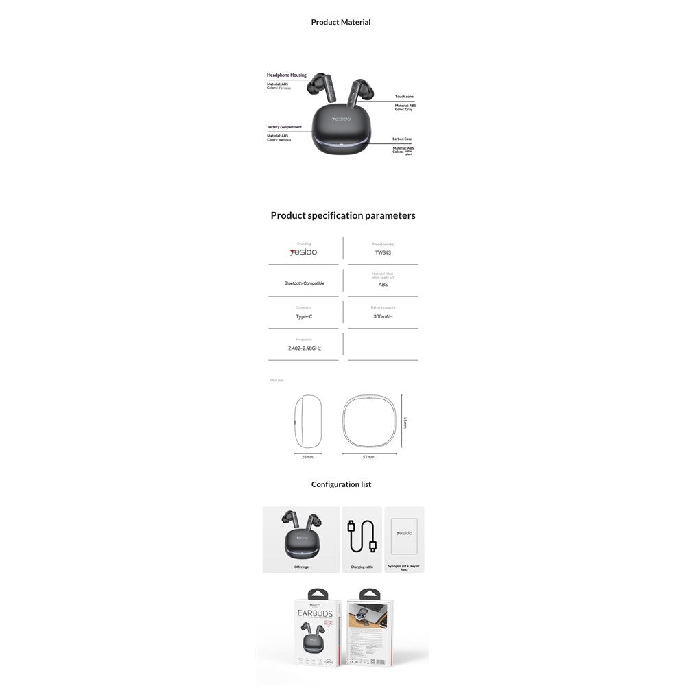 YESIDO TWS43 Wireless Earbuds – ANC & ENC, Bluetooth 6.0