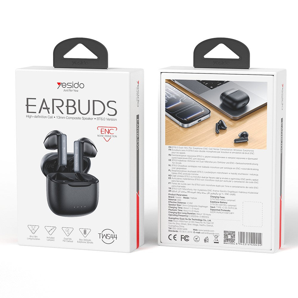 YESIDO TWS44 Semi-In-Ear Earbuds – Dual Mic, ENC Noise Cancelling