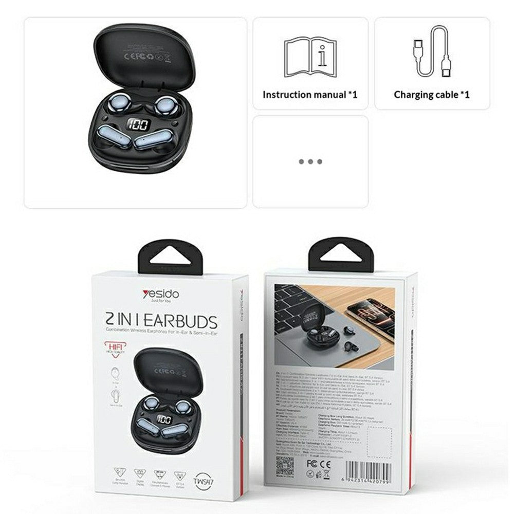 YESIDO TWS47 2-in-1 Earbuds – In-Ear & Semi-In-Ear, LED Battery Display