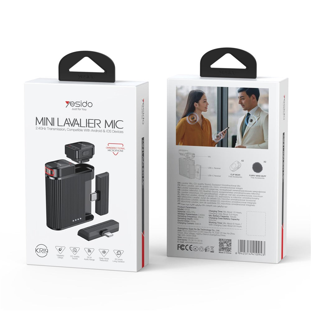 YESIDO KR19 2 in 1 Button Clip-On Microphone 100m Range Wireless Lavalier Mic Set