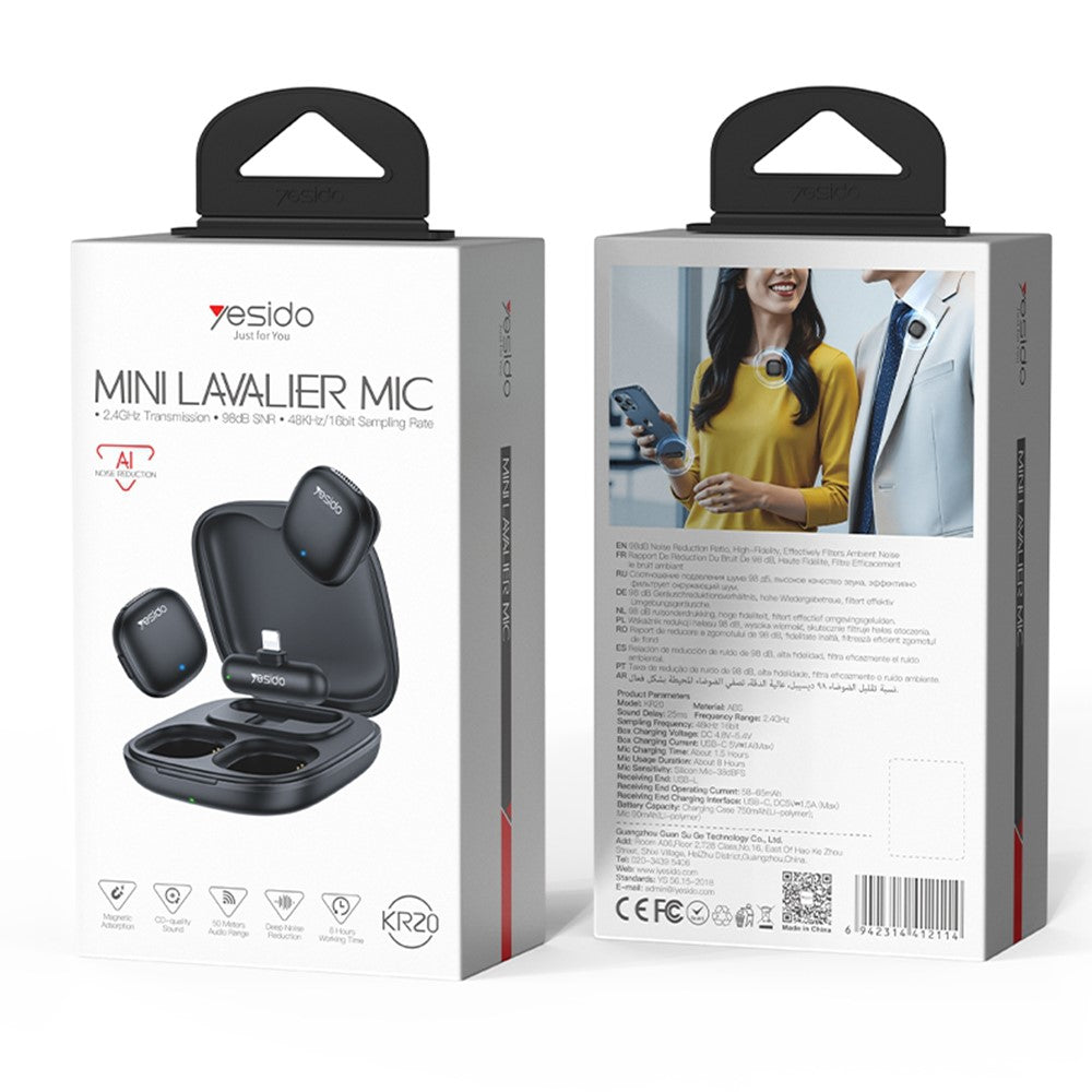 YESIDO KR20 iP Plug High Fidelity Audio Wireless Lapel Mic AI Noise Cancelling Lavalier Microphone