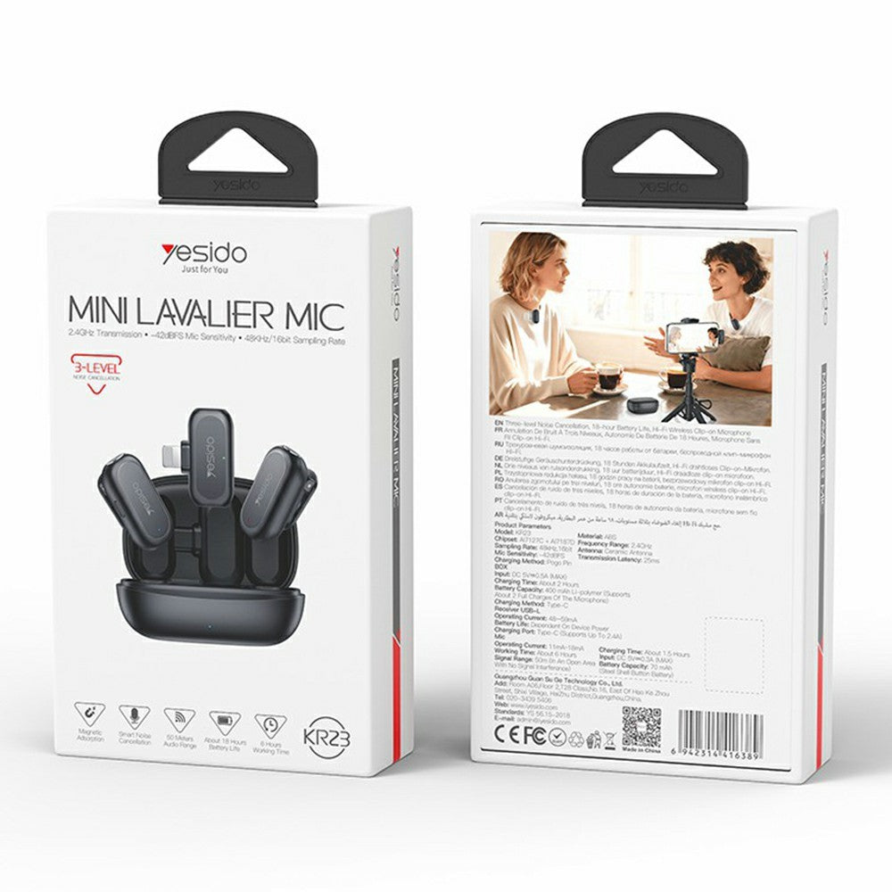 YESIDO KR23 Lavalier Microphone Set with iP Receiver AI Smart Noise Cancelling Mini Mic for Indoor / Outdoor