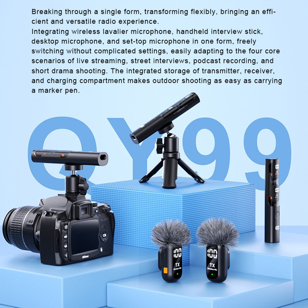 QY99 Wireless Lavalier Microphone with Charging Case AI Noise Reduction Type-C Lavalier Mic for Interview Live Stream (2 Microphones+1 Receiver)