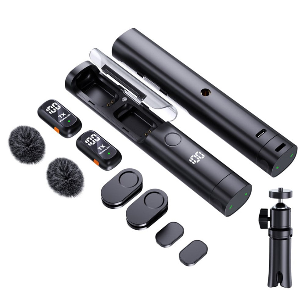 QY99 Wireless Lavalier Microphone AI Noise Reduction Type-C Interface Lavalier Mic with Tripod & Storage Case (2 Microphones+1 Receiver)