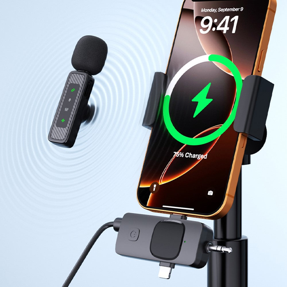 QY22 2.4G Wireless Lavalier Microphone Type-C iP (5-14) 3.5mm TRS Lavalier Mic for Live Streaming Interview (2 Microphones+1 Receiver)