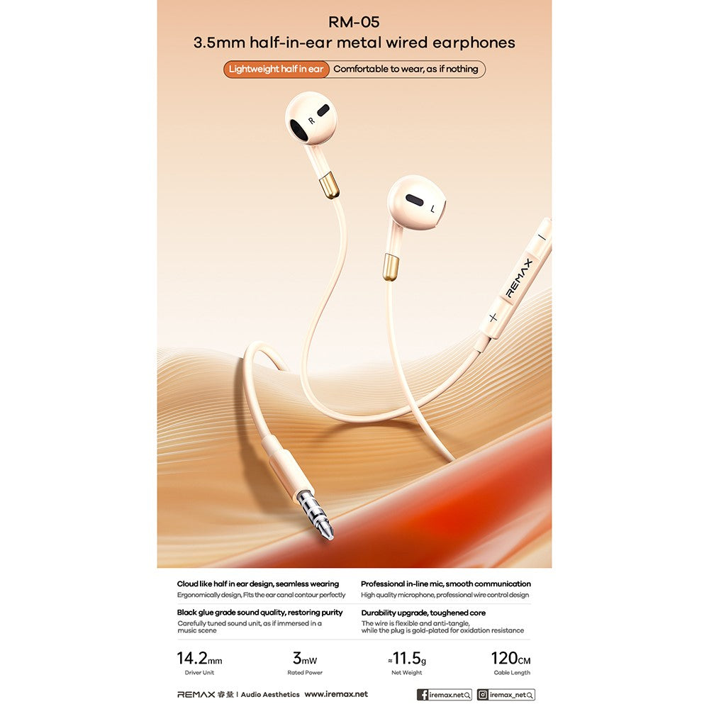REMAX RM-05 3.5mm Semi In-Ear Wired Earphones Metal Construction 1200mm Cord Headset Built-in Microphone