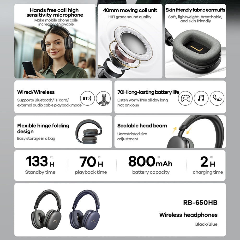 REMAX RB-650HB Wireless Headset Bluetooth-compatible Over-Ear Music Headphone