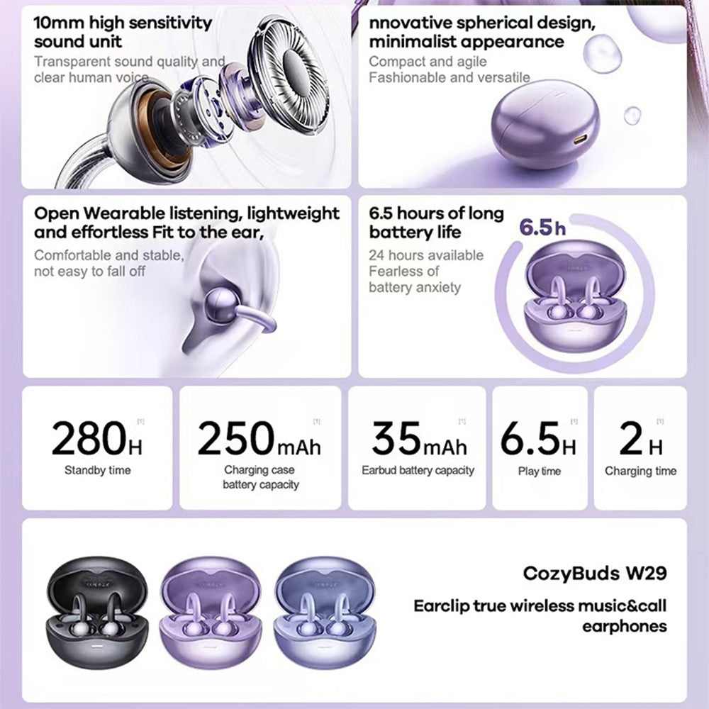 REMAX Cozybuds W29 Clip-On Ear Wireless Earbuds Bluetooth-compatible Music Earphones