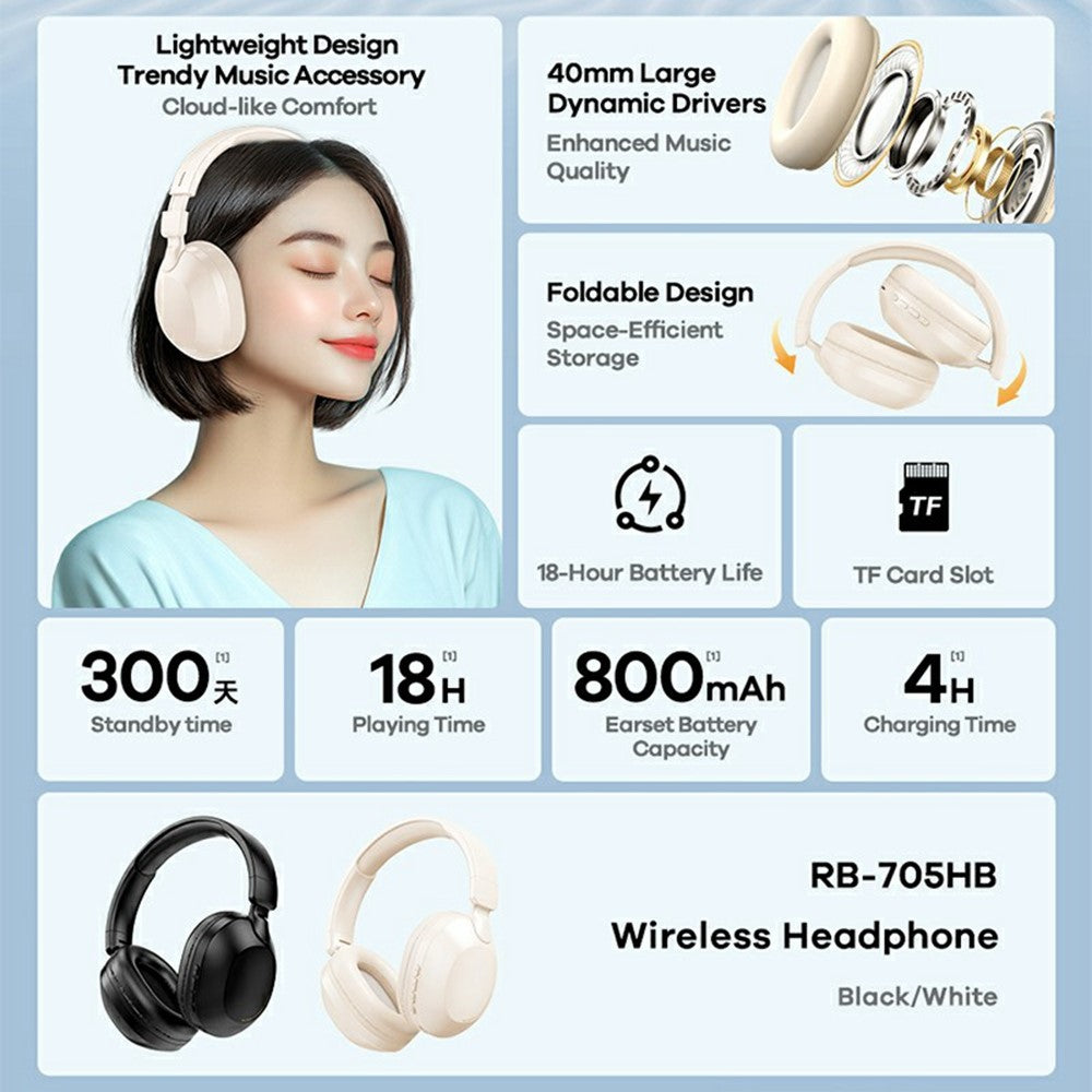REMAX RB-705HB Wireless Headphones Bluetooth-compatible Over-Ear Headset 18H Playtime Long Battery Life