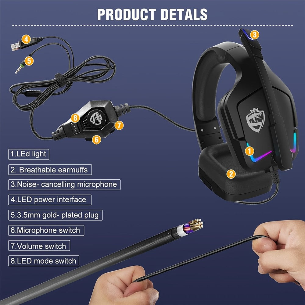 KOTION EACH S12 RGB Wired Gaming Headset with Rotatable Microphone