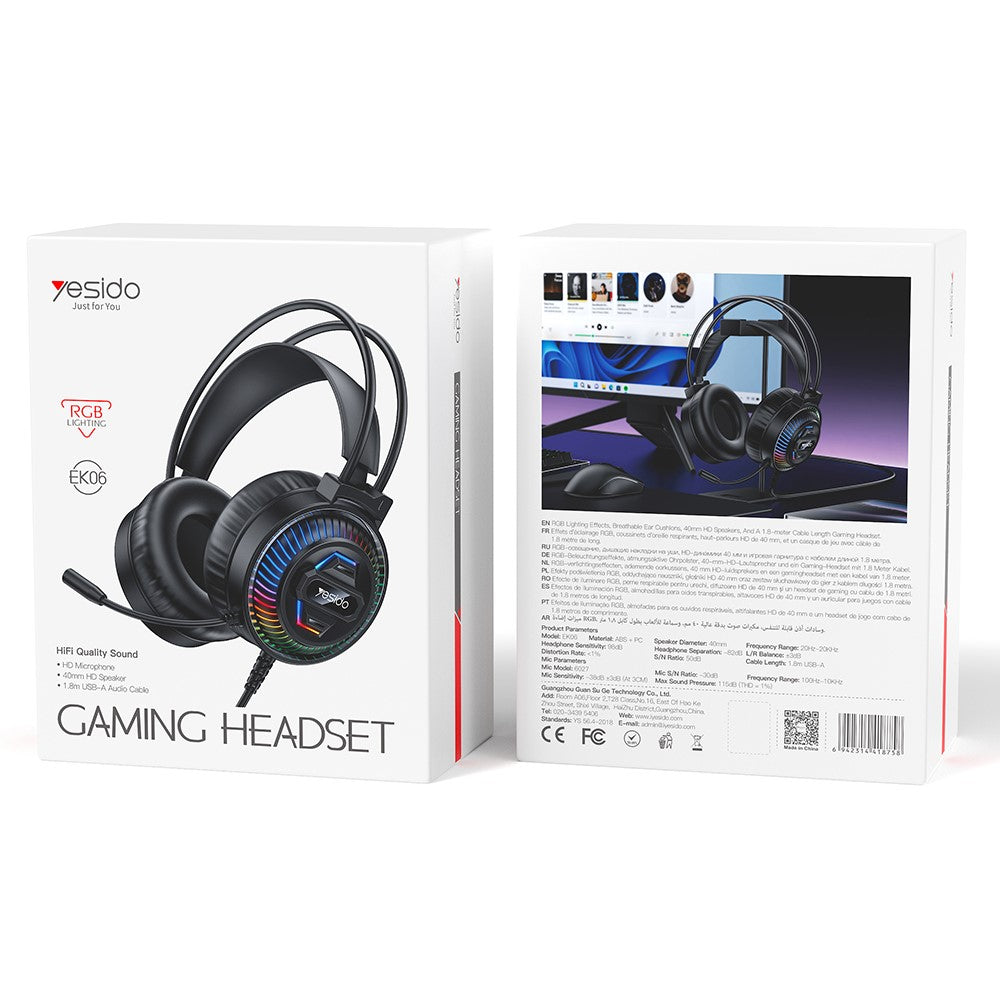 YESIDO EK06 Wired RGB Gaming Headset – 40mm Sound, 360° Microphone