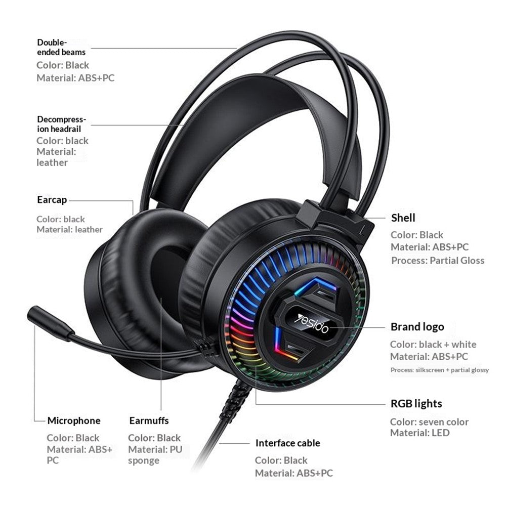 YESIDO EK06 Wired RGB Gaming Headset – 40mm Sound, 360° Microphone
