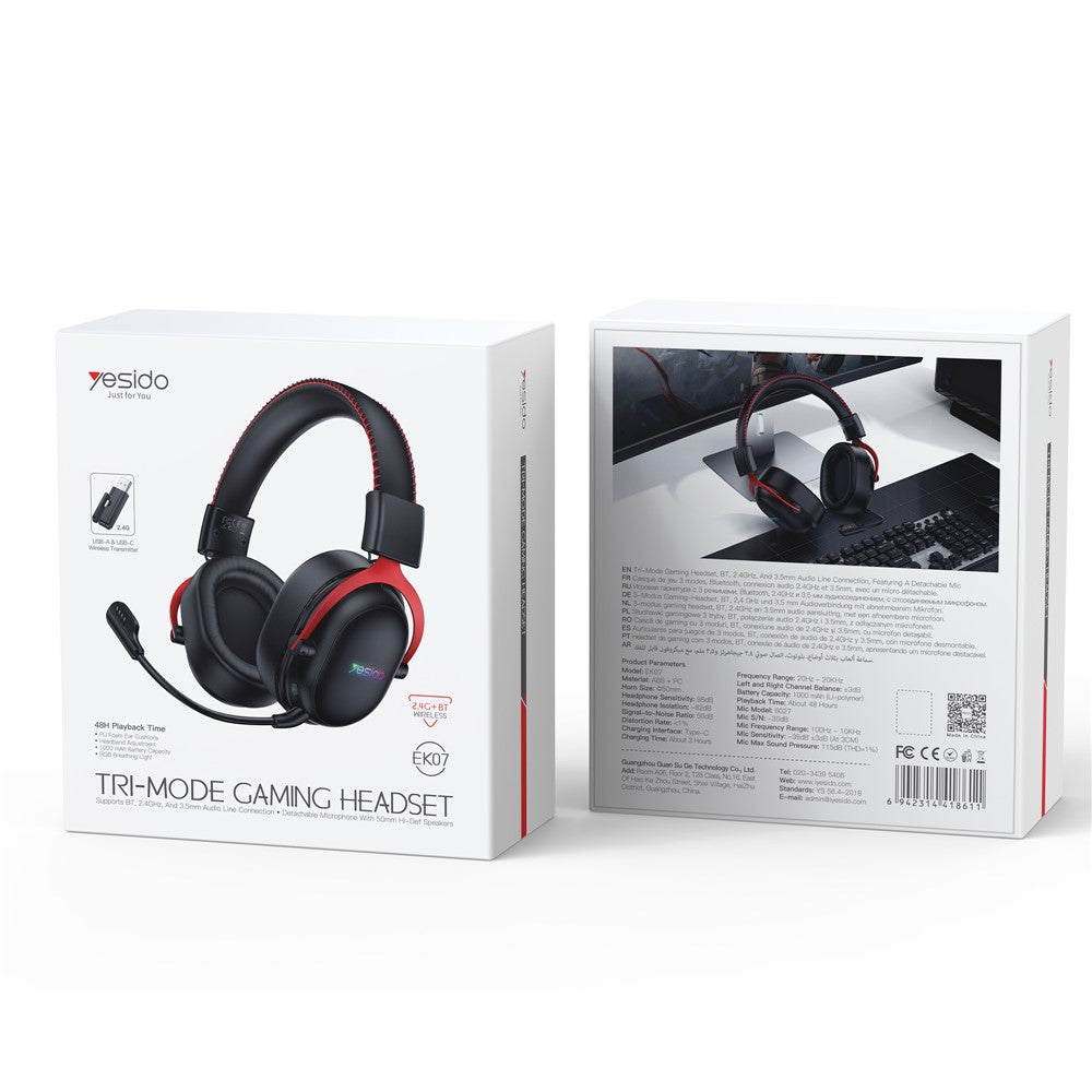 YESIDO EK07 Tri-Mode Gaming Headset – Bluetooth, 2.4G & Wired, Detachable Mic