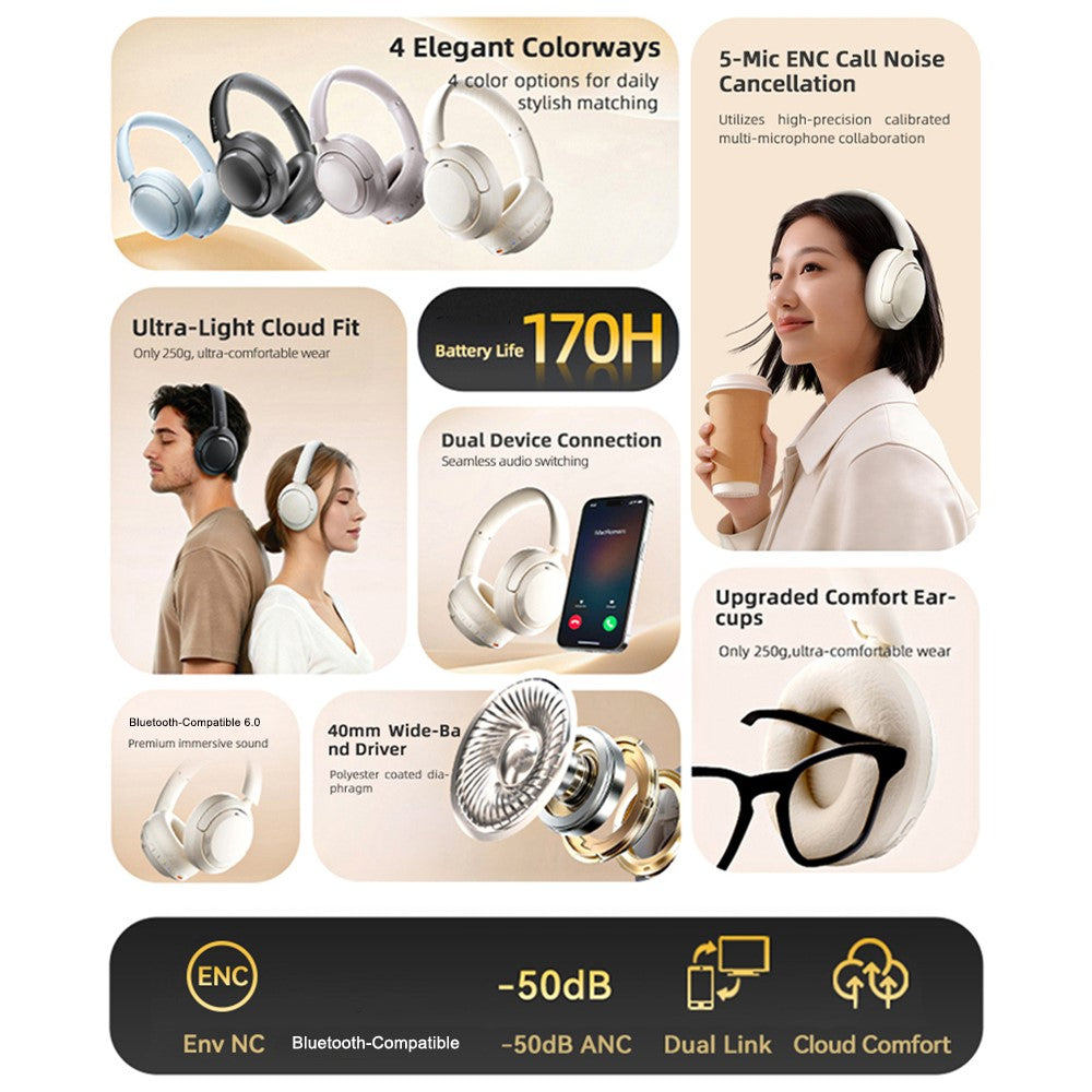 ZAODON YUNX Wireless Headphones – 50dB Active Noise Cancelling