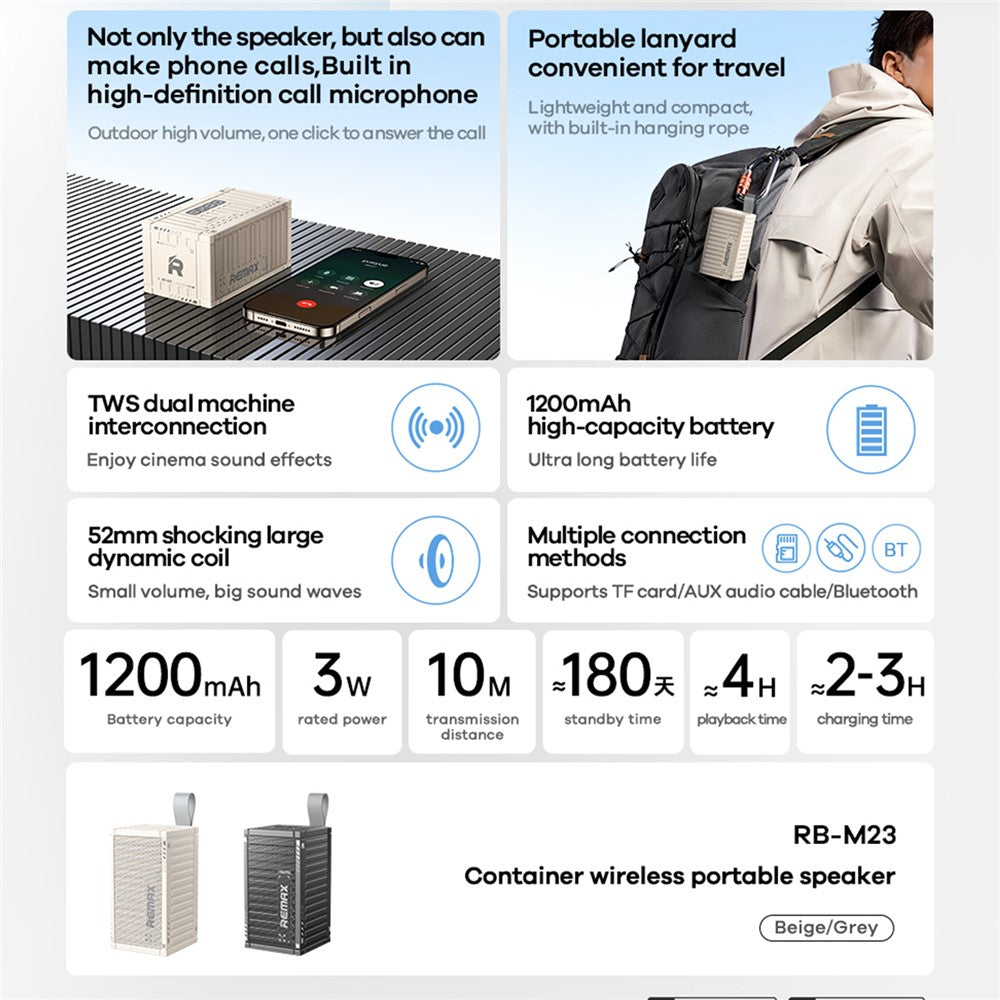 REMAX RB-M23 Wireless Portable Speaker Container Design Bluetooth-Compatible Stereo Loudspeaker
